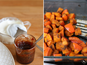 Johannisbeergelee mit Garam Masala im Glas und Hokkaido-Kürbis in der Auflaufform